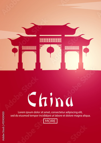 Travel poster to China. Landmarks silhouettes. Vector illustration.