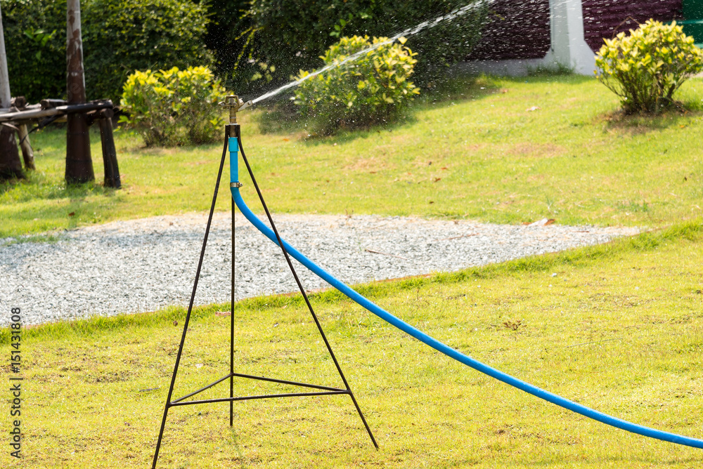 Fototapeta premium Close up of lawn sprinkler with green grass
