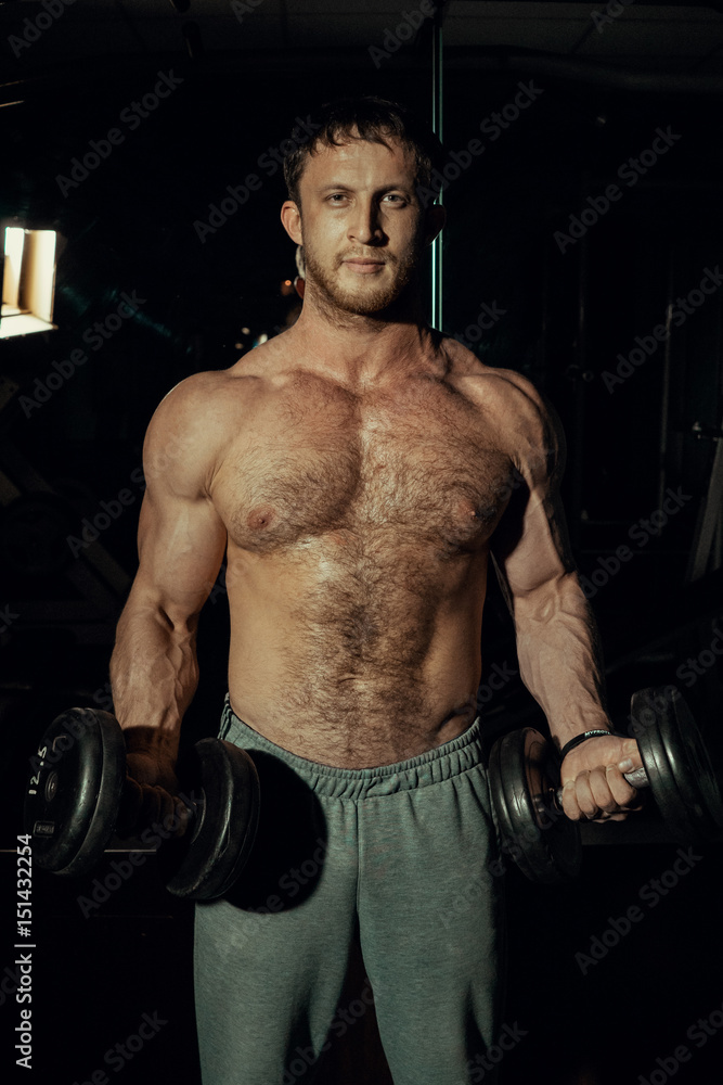 Bodybuilder with bare torso lifting dumbbells, doing biceps exercises in the gym Bodybuilder with bare torso lifting dumbbells, doing biceps exercises in the gym