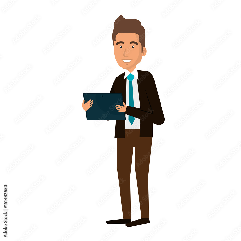 young man with tablet avatar character vector illustration design