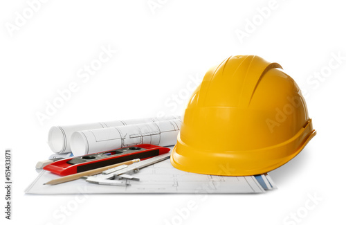 Blueprints, helmet and engi...