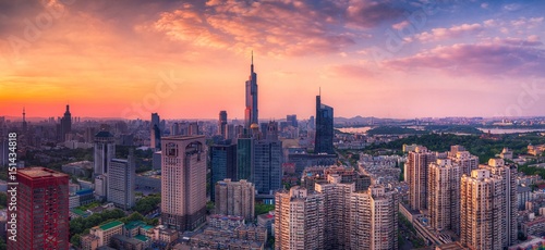 Skyline Panorama of Urban Nanjing City at Sunset