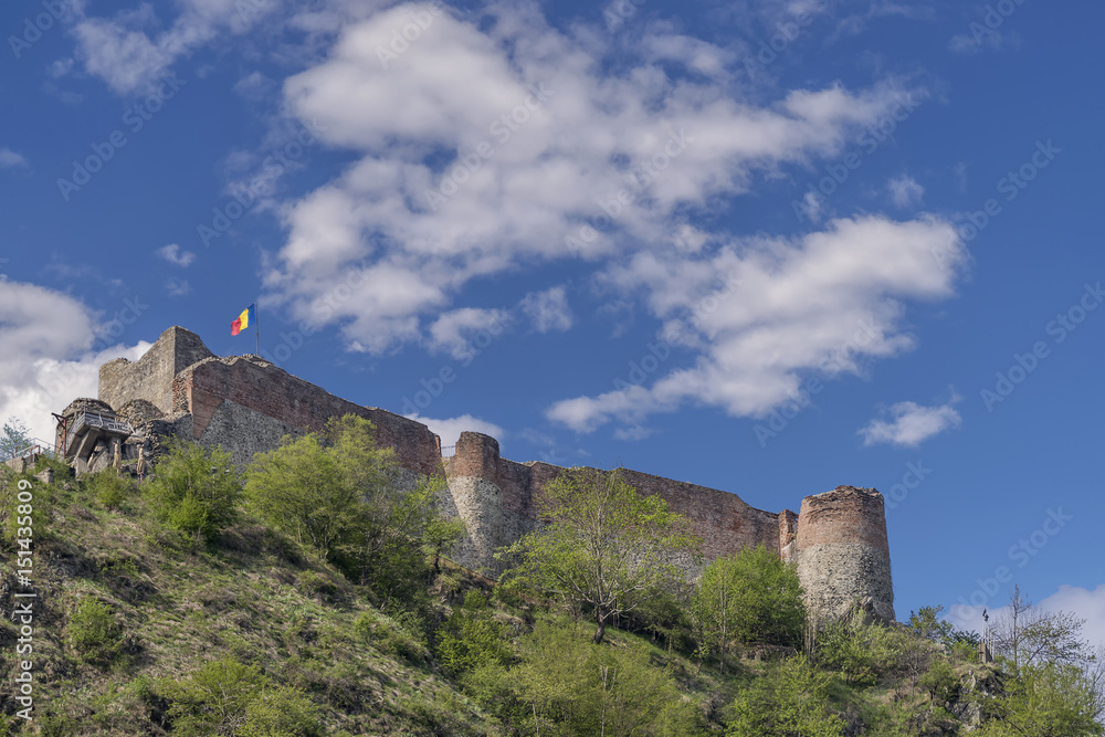 Bottom view of Poenari Castle a ruined castle in Romania which was a home of Vlad the Impaler, on a sunny day Bottom view of Poenari Castle a ruined castle in Romania which was a home of Vlad the Impaler, on a sunny day