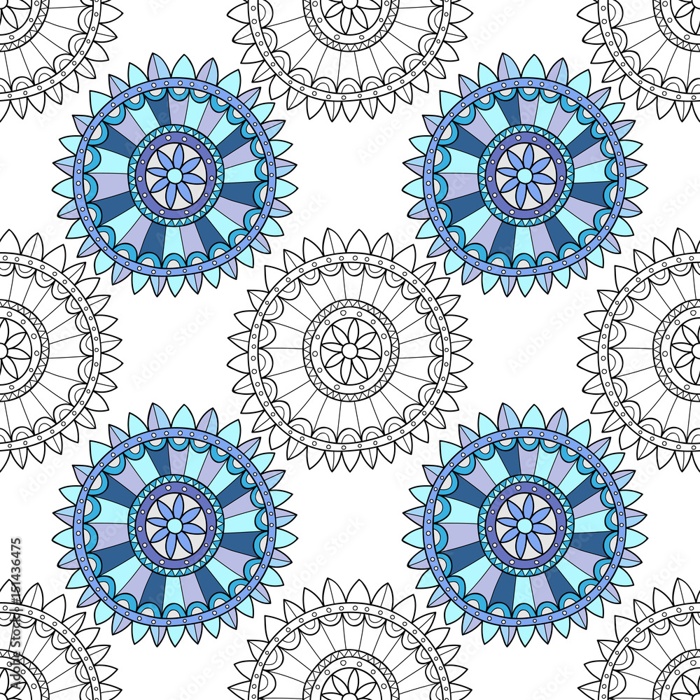 Decorative black and white seamless pattern for coloring books. Background of the abstract elements. Illustration