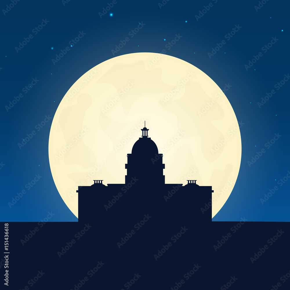 Usa silhouette of attraction. Travel banner with moon on the night background. Trip to country. Travelling illustration.