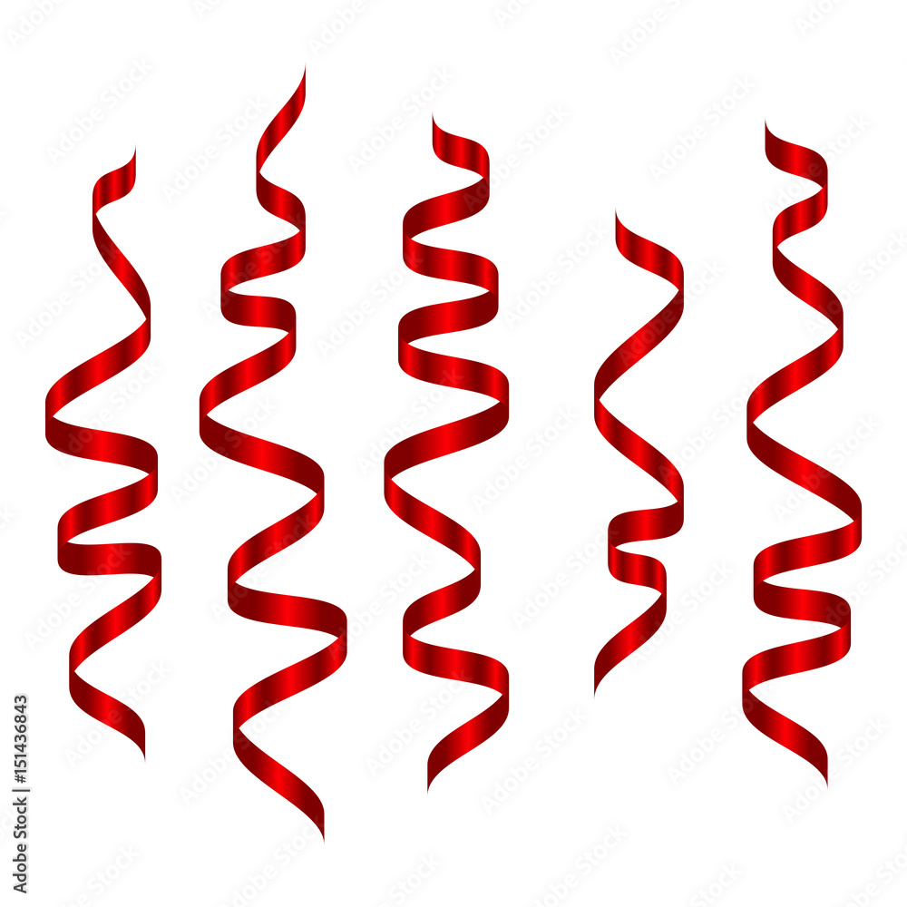 Red serpentine ribbons isolated on white background. 3d decoration for holiday. Festive decor. Vector illustration Red serpentine ribbons isolated on white background. 3d decoration for holiday. Festive decor. Vector illustration