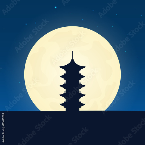 Japan silhouette of attraction. Travel banner with moon on the night background. Trip to country. Travelling illustration.