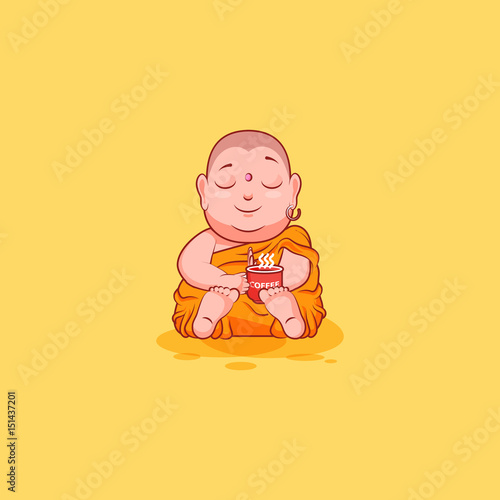 Sticker emoji emoticon emotion vector isolated illustration unhappy character cartoon Buddha woke up with cup of coffee