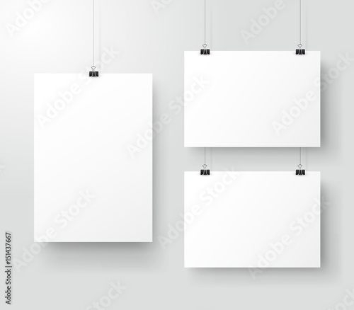 White poster hanging on binder. Grey wall with mock up empty paper blank. Layout mockup. Vertical and horizontal template sheet. Vector illustration