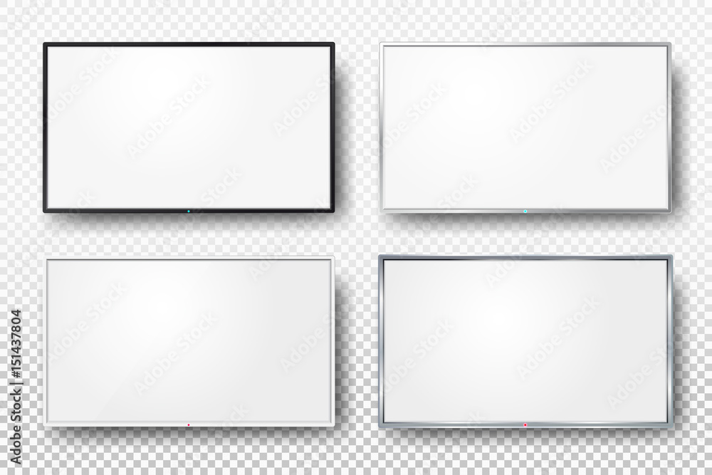 Set of realistic TV screen. Modern lcd wall panel, led type, isolated on white background. Blank television template. Graphic design element. Large computer monitor display mockup. Vector illustration