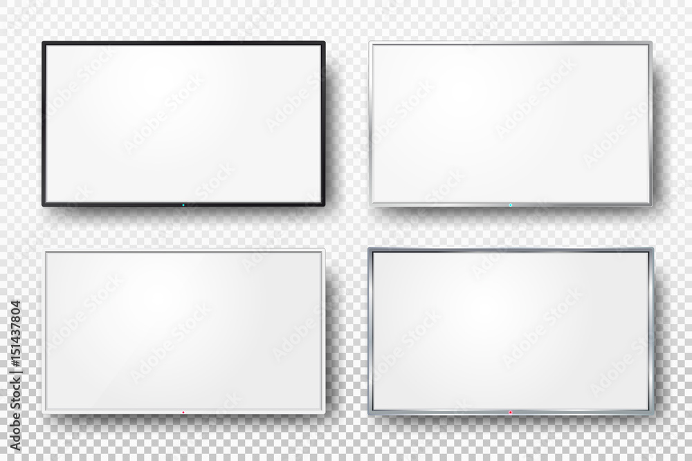 Set of realistic TV screen. Modern lcd wall panel, led type, isolated on white background. Blank television template. Graphic design element. Large computer monitor display mockup. Vector illustration Set of realistic TV screen. Modern lcd wall panel, led type, isolated on white background. Blank television template. Graphic design element. Large computer monitor display mockup. Vector illustration