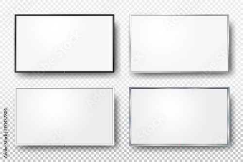 Set of realistic TV screen. Modern lcd wall panel, led type, isolated on white background. Blank television template. Graphic design element. Large computer monitor display mockup. Vector illustration