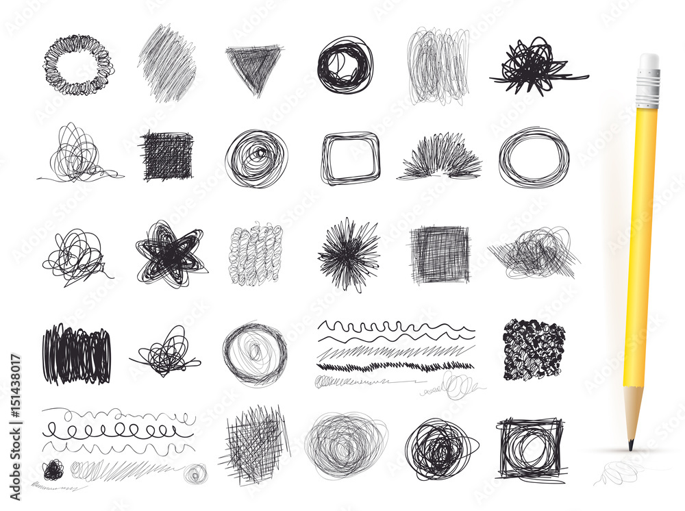 Set of ink lines of hand drawn textures, scribbles of pen. Freehand ...
