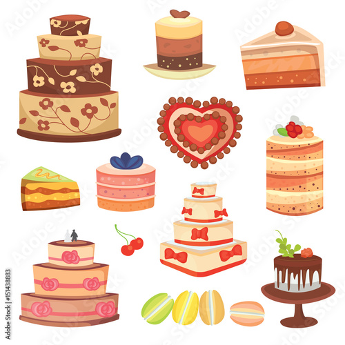 Different wedding cream birthday cake pie vector illustration celebration food