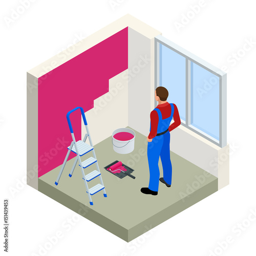 Isometric Paintroller painting white wall with roller red paint. Flat 3d modern vector illustration. Paintroller, people occupations, profession