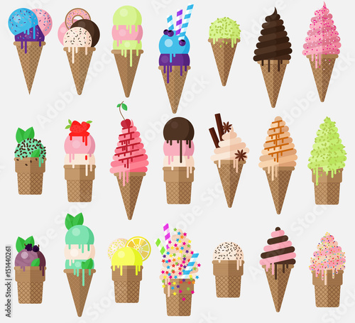 Set of flat vector ice cream cone with sweets. Collection ice cream cones with blueberry, caramel, lemon sundae.