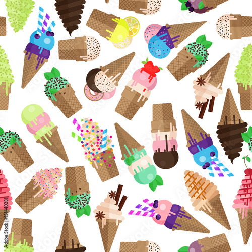 Ice cream cone seamless pattern. Flake and scoops of ice cream background. Endless ice cream cone and flake pattern