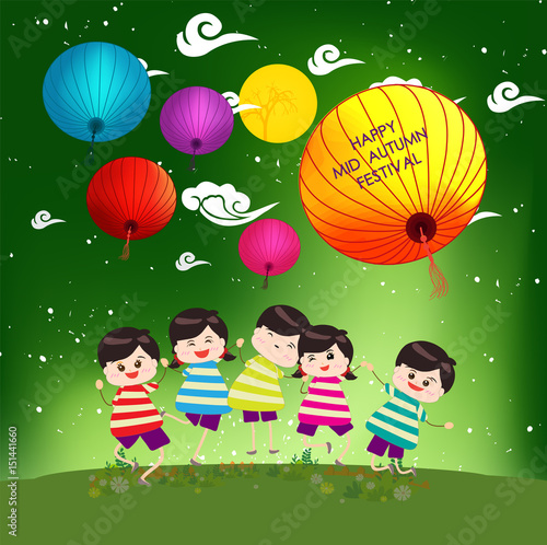 Mid Autumn Festival background with happy kids playing lanterns