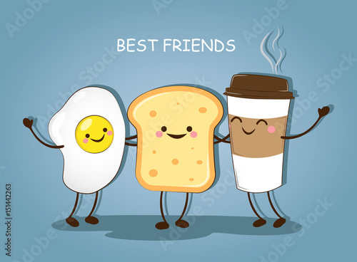 Best friends. Breakfast. Good morning. Cute picture of a coffee, eggs and toast. Vector illustration.