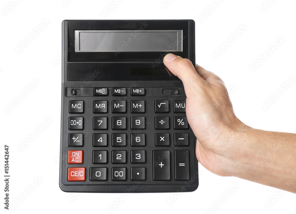 Male hand holding calculator on white background Male hand holding calculator on white background
