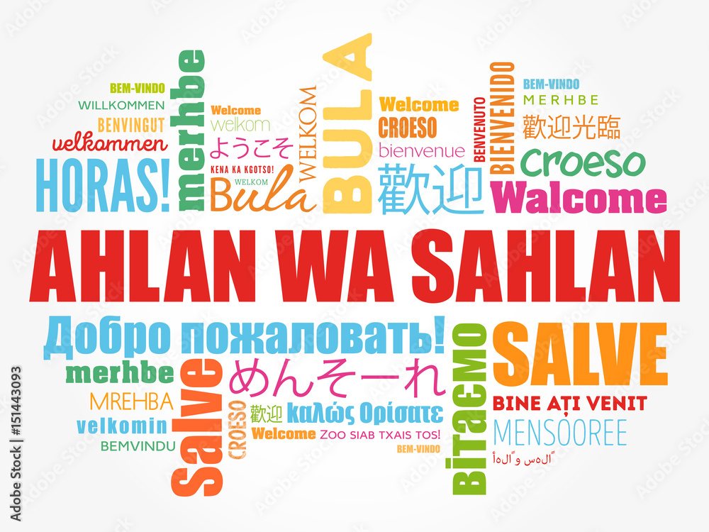 Ahlan Wa Sahlan (Welcome in Arabic) word cloud in different languages, conceptual background