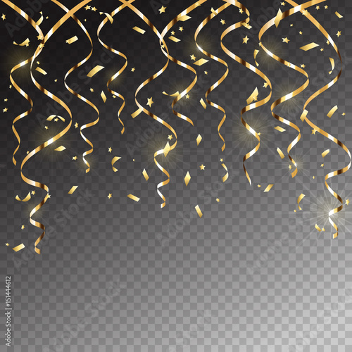 Holiday streamers and confetti on dark transparent background