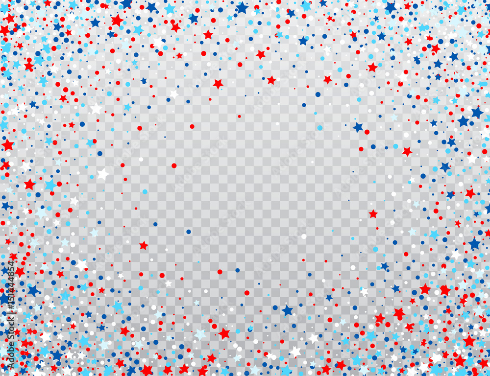 USA celebration confetti stars in national colors for American independence day isolated on background. Vector illustration - obrazy, fototapety, plakaty 