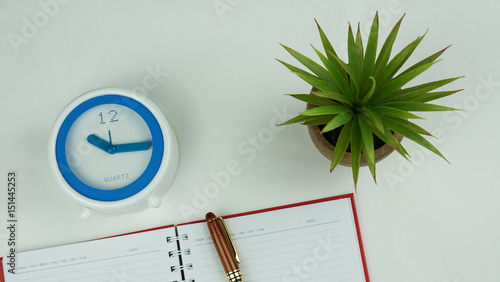 Top view of clock, plant, pen and open notebook written on white back ground.Education and business concept with copy space.