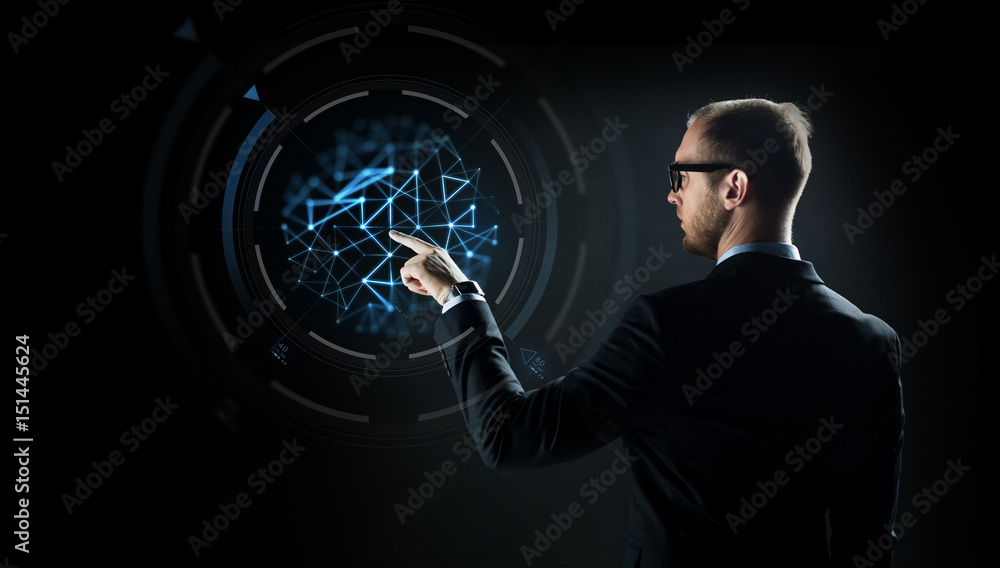 businessman pointing finger to virtual projection businessman pointing finger to virtual projection