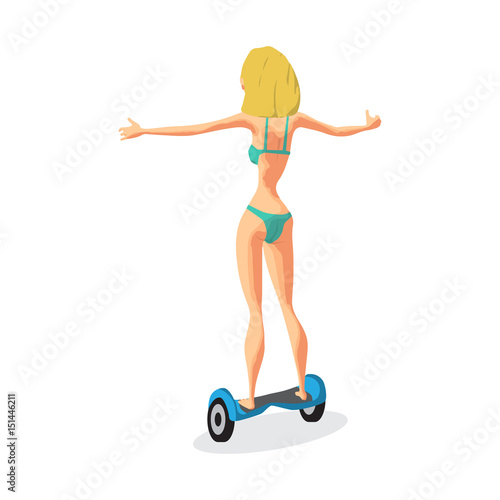 Young woman in a bikini is riding a gyroscope. The girl runs a h