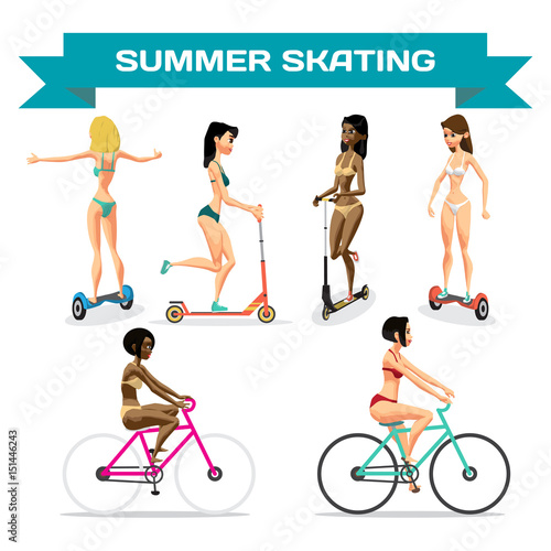Set of young women in a bikini is riding a gyroscope, kick scoot