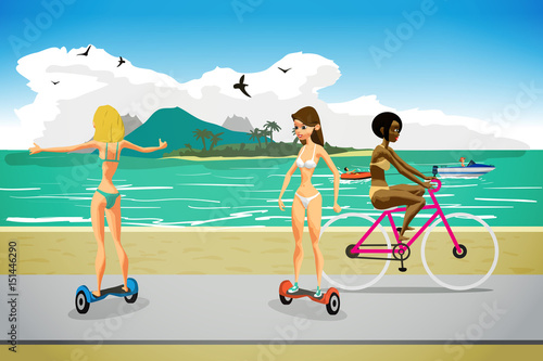Young women in bikini ride gyroscopes and bicycles along the pat