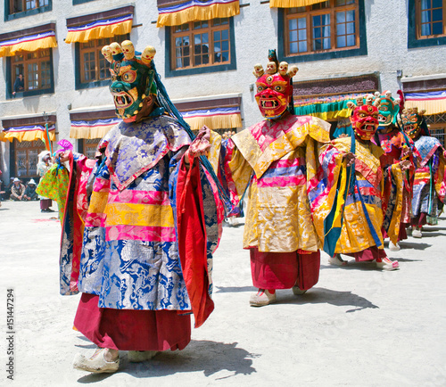 Buddhist monks dancing Cham mystery in Lamayuru, Ladakh, India photo