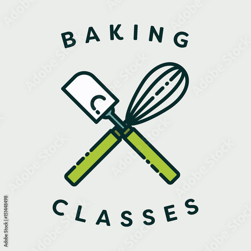 Vector image of spatula and egg beater with text baking classes