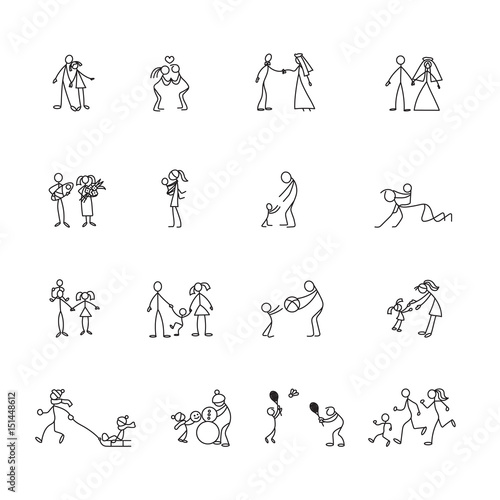 Cartoon icons set of sketch little people in cute miniature scenes.