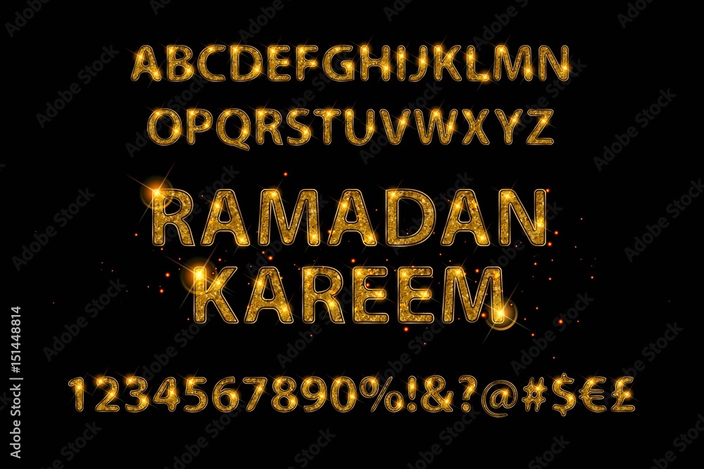 Golden letters and figures of the English alphabet Golden letters and figures of the English alphabet