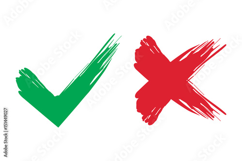 Tick and cross brush signs. Green checkmark OK and red X icons, isolated on white background
