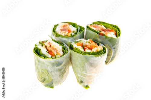 Set of Spring rolls with tuna, peppers, spinach, cucumber photo