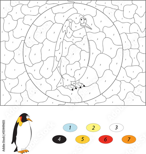Cartoon Imperial Penguin. Color by number educational game for kids