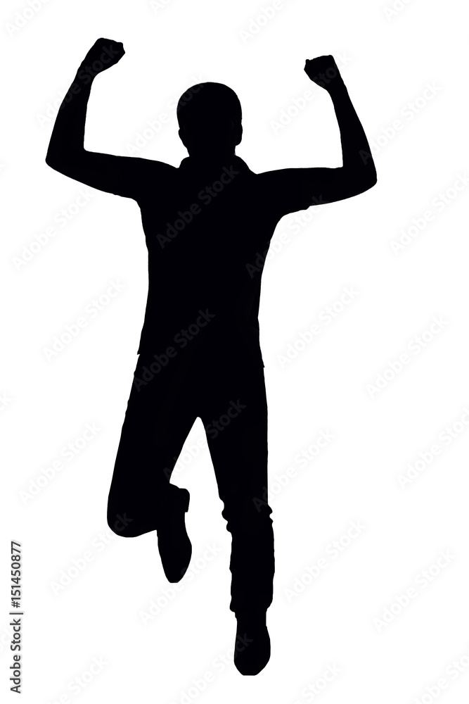 silhouette of a man jumping for joy on a white isolated background