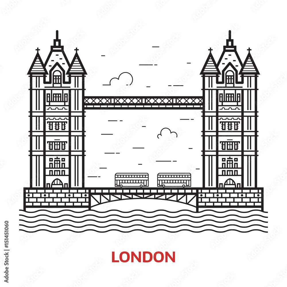Travel London landmark icon. Tower bridge is one of the famous architectural tourist attractions in capital of Great Britain. Thin line England destination vector illustration in outline design.