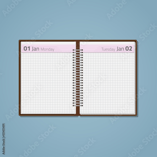 Open a diary template with a pink stripe on the spring, with white blank sheets in the cage. The form of the notebook with the date of the month and the day of the week.