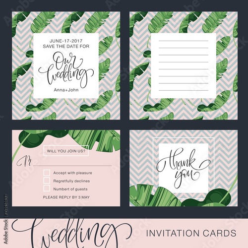 Wedding Invitation Card. Tropical Background. Banana. Save the Date. Vector Template. RSVP. photo