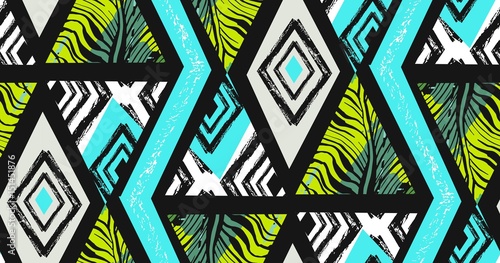 Hand drawn vector abstract freehand textured seamless tropical pattern collage with zebra motif,organic textures,triangles isolated on black background.Wedding,save the date,birthday,fashion