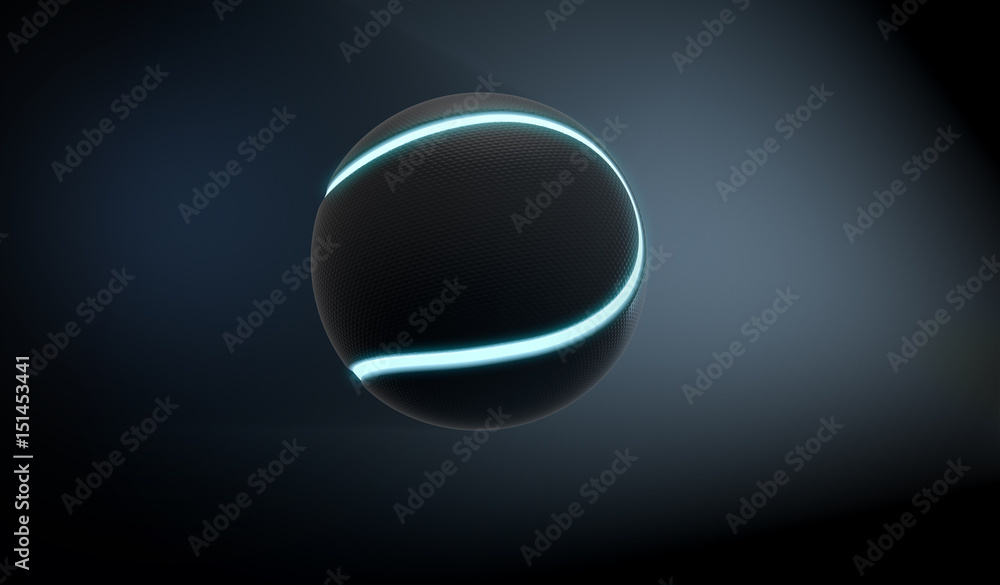 A futuristic sports concept of a black textured tennis ball lit with neon markings flying through dark space - 3D render A futuristic sports concept of a black textured tennis ball lit with neon markings flying through dark space - 3D render