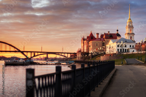 Russia, the city of Rybinsk. Embankment of the Volga River at sunset.