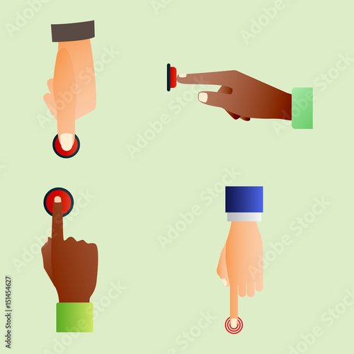 Hand press red button finger press control push pointer gesture human body part vector illustration. © creativeteam