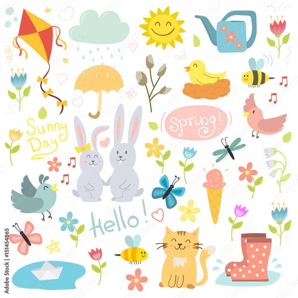 Obraz premium Spring set hand drawn elements flowers birds wreaths and other summer symbols vector illustration