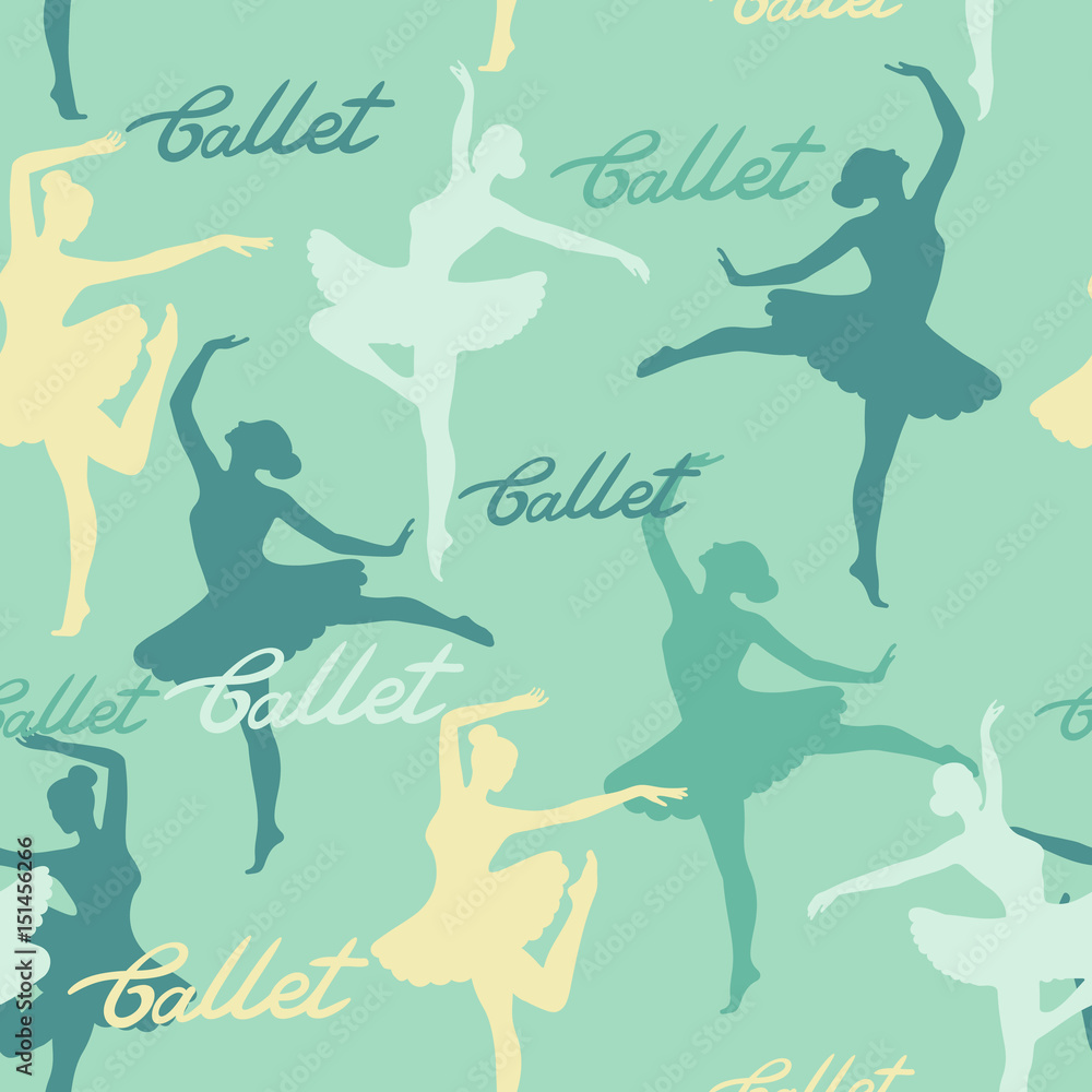 Seamless vector pattern from silhouettes of dancing ballerinas. Lettering ballet.