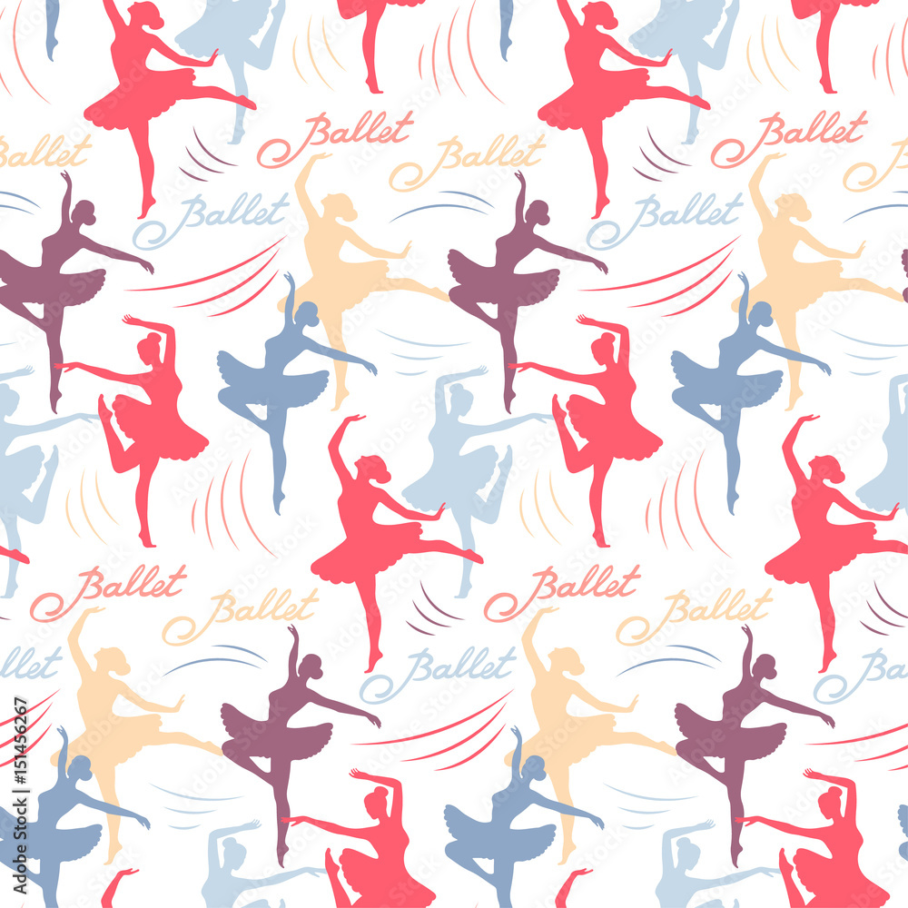 Seamless vector pattern from silhouettes of dancing ballerinas. Lettering ballet. Seamless vector pattern from silhouettes of dancing ballerinas. Lettering ballet.
